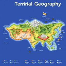 A detailed map illustrating the concept of territorial geography, featuring distinct landforms, natural boundaries such as rivers and mountains, political borders, and various land uses including agriculture, urban development, and conservation areas