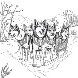 Black and white coloring book illustration capturing the essence of autumn with a detailed scene of a dog sled in the snow