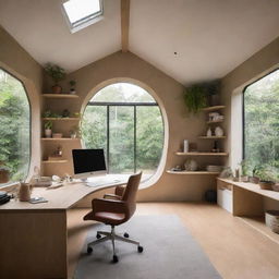 A unique, stylish house integrated with a workspace, inspired by biomimicry architecture, filled with fashion designer's essentials