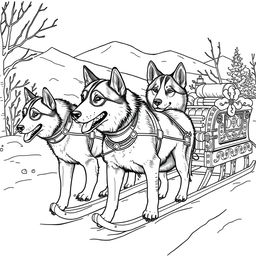 Black and white coloring book illustration capturing the essence of autumn with a detailed scene of a dog sled in the snow