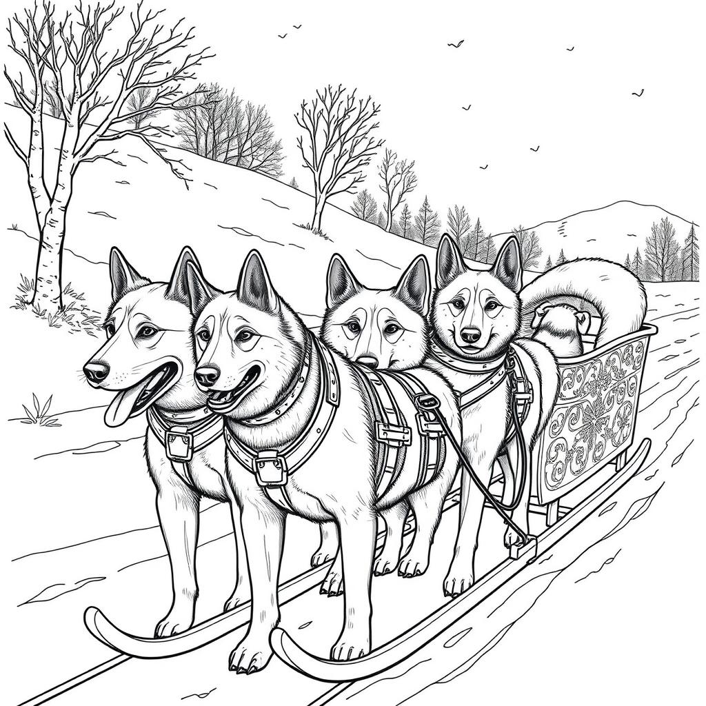 Black and white coloring book illustration capturing the essence of autumn with a detailed scene of a dog sled in the snow