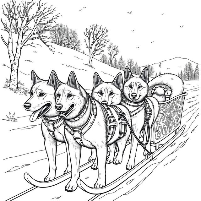 Black and white coloring book illustration capturing the essence of autumn with a detailed scene of a dog sled in the snow