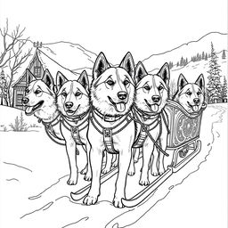 Black and white coloring book illustration capturing the essence of autumn with a detailed scene of a dog sled in the snow