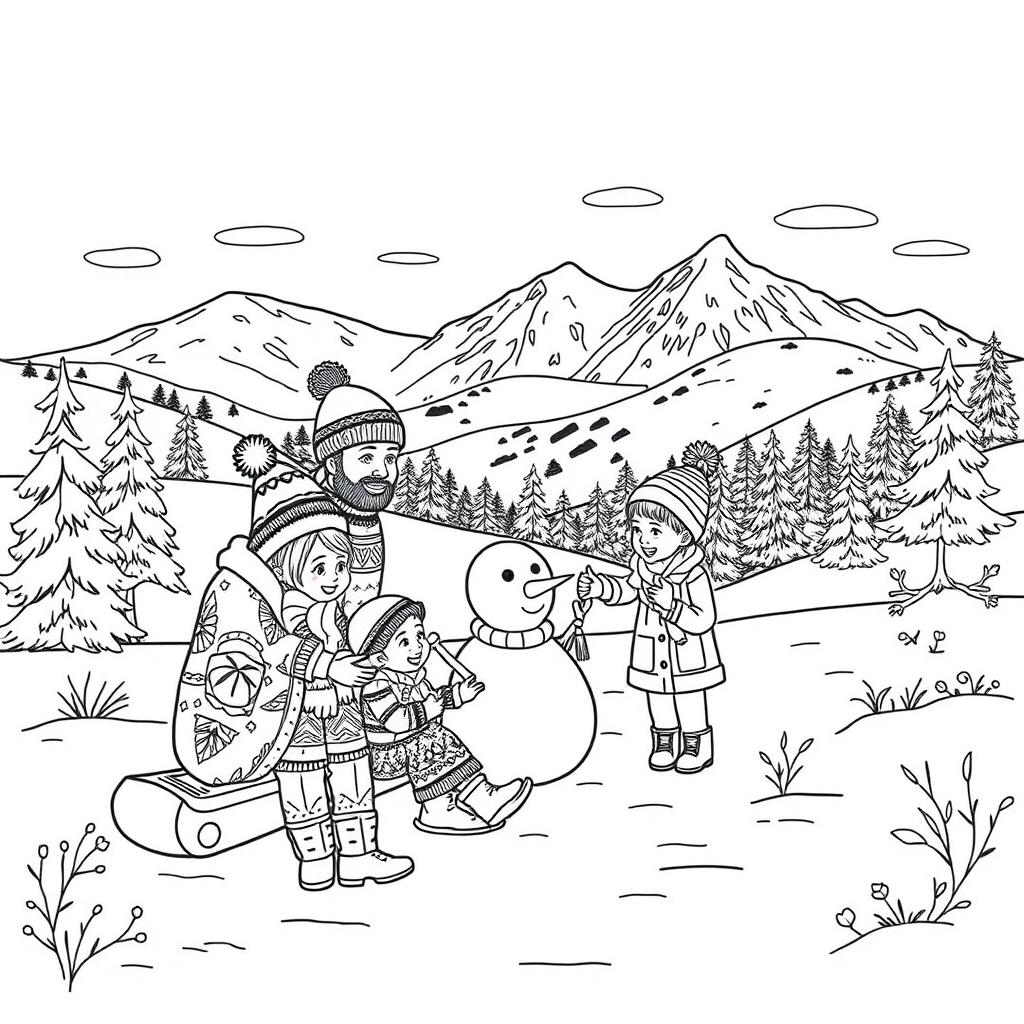 Black and white coloring book illustration capturing the transition from autumn to winter with a detailed scene of a family enjoying a winter day in the mountains