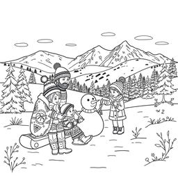 Black and white coloring book illustration capturing the transition from autumn to winter with a detailed scene of a family enjoying a winter day in the mountains