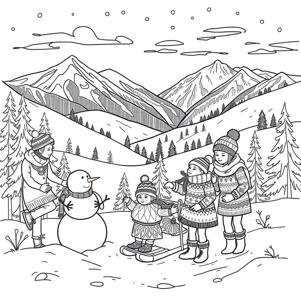 Black and white coloring book illustration capturing the transition from autumn to winter with a detailed scene of a family enjoying a winter day in the mountains