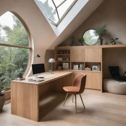 A unique, stylish house integrated with a workspace, inspired by biomimicry architecture, filled with fashion designer's essentials