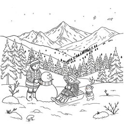 Black and white coloring book illustration capturing the transition from autumn to winter with a detailed scene of a family enjoying a winter day in the mountains