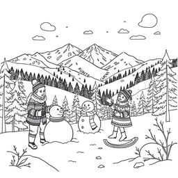 Black and white coloring book illustration capturing the transition from autumn to winter with a detailed scene of a family enjoying a winter day in the mountains