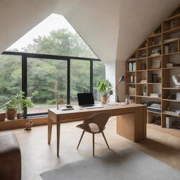 A unique, stylish house integrated with a workspace, inspired by biomimicry architecture, filled with fashion designer's essentials