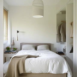 A small, aesthetically pleasing white bedroom with a window situated behind the bed casting natural light. Includes a well-designed dressing room