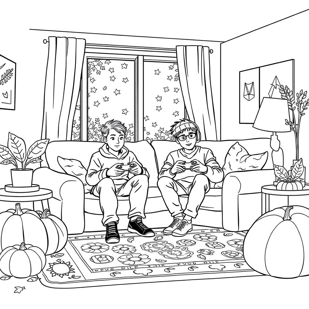 Black and white coloring book illustration capturing the essence of autumn with a detailed indoor scene of two friends playing video games in their living room