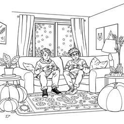 Black and white coloring book illustration capturing the essence of autumn with a detailed indoor scene of two friends playing video games in their living room