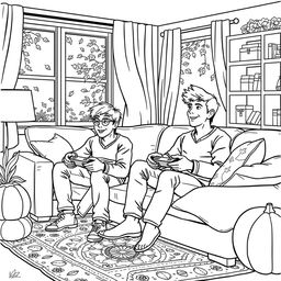 Black and white coloring book illustration capturing the essence of autumn with a detailed indoor scene of two friends playing video games in their living room