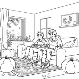 Black and white coloring book illustration capturing the essence of autumn with a detailed indoor scene of two friends playing video games in their living room