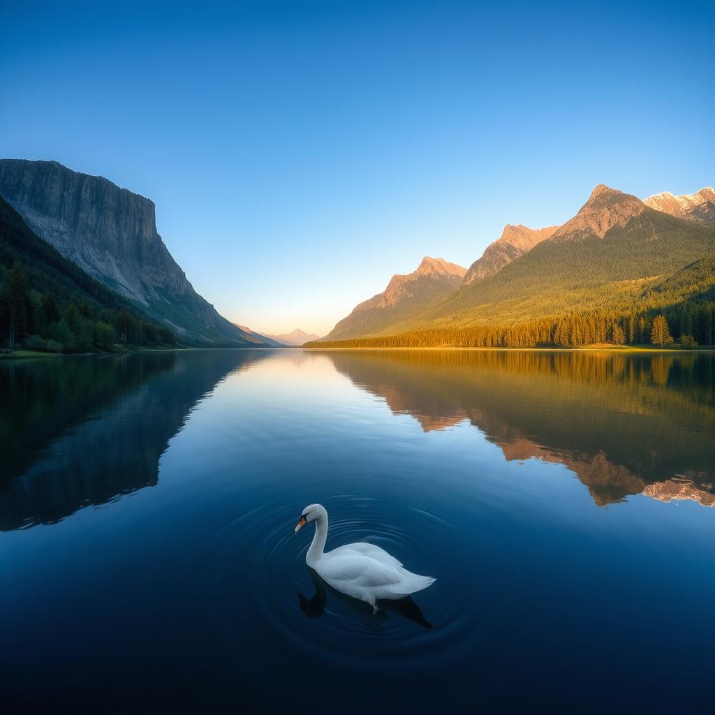 A serene landscape showcasing a tranquil lake surrounded by lush greenery, towering mountains in the background under a clear blue sky