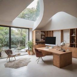 A unique, stylish house integrated with a workspace, inspired by biomimicry architecture, filled with fashion designer's essentials