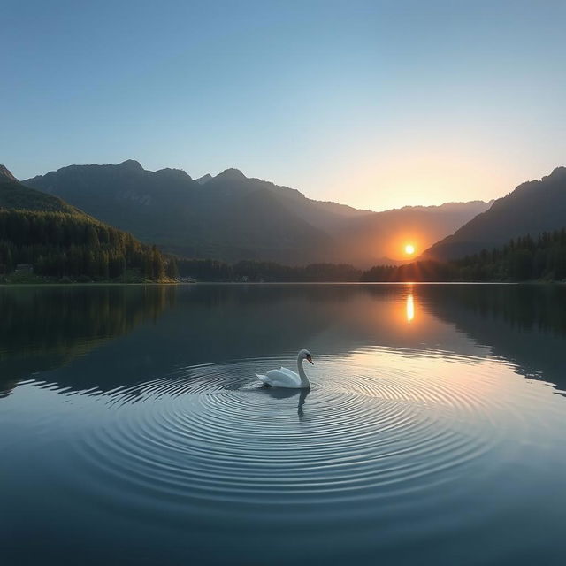 A serene landscape showcasing a tranquil lake surrounded by lush greenery, towering mountains in the background under a clear blue sky