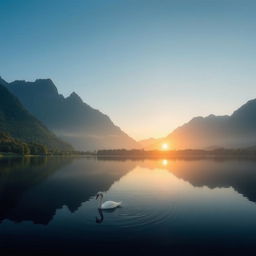 A serene landscape showcasing a tranquil lake surrounded by lush greenery, towering mountains in the background under a clear blue sky