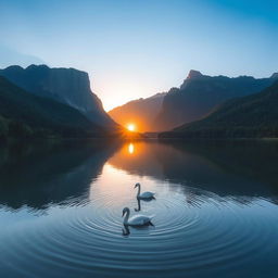 A serene landscape showcasing a tranquil lake surrounded by lush greenery, towering mountains in the background under a clear blue sky