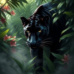 A black panther lurking in a lush jungle, surrounded by dense foliage and vibrant tropical flowers