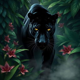 A black panther lurking in a lush jungle, surrounded by dense foliage and vibrant tropical flowers