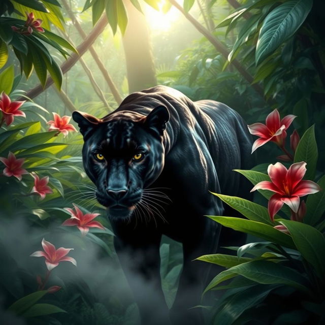 A black panther lurking in a lush jungle, surrounded by dense foliage and vibrant tropical flowers