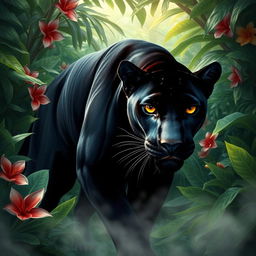 A black panther lurking in a lush jungle, surrounded by dense foliage and vibrant tropical flowers