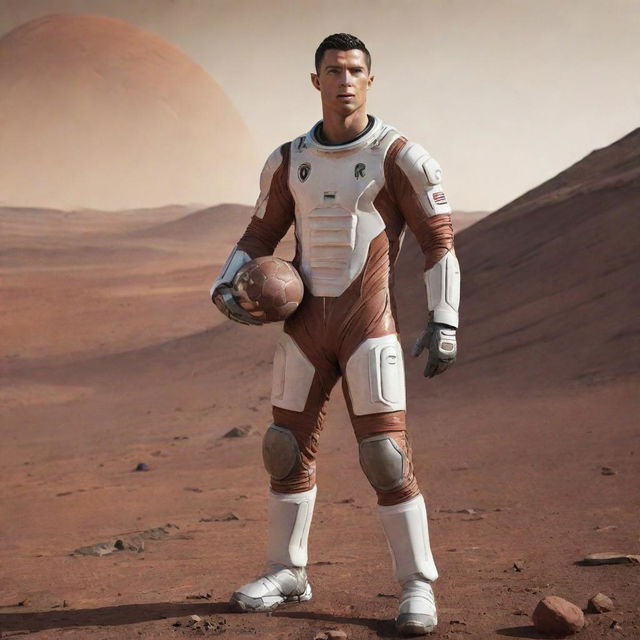 Cristiano Ronaldo in a futuristic space suit, holding a football, standing on the rocky terrain of Mars with a backdrop of the planet's rusty-red landscape and a distant view of Earth