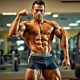 A muscular person posing confidently, showcasing a toned physique with defined abs, biceps, and triceps