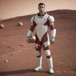 Cristiano Ronaldo in a futuristic space suit, holding a football, standing on the rocky terrain of Mars with a backdrop of the planet's rusty-red landscape and a distant view of Earth