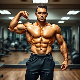 A muscular person posing confidently, showcasing a toned physique with defined abs, biceps, and triceps