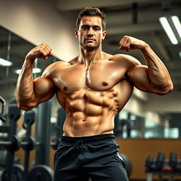 A muscular person posing confidently, showcasing a toned physique with defined abs, biceps, and triceps