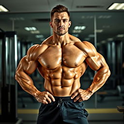 A muscular person posing confidently, showcasing a toned physique with defined abs, biceps, and triceps