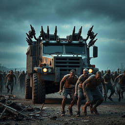 A heavy-duty armored truck equipped with mounted guns and multiple blade attachments, standing imposingly in front of an approaching horde of zombies