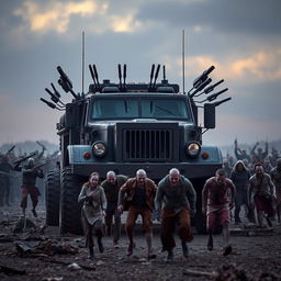 A heavy-duty armored truck equipped with mounted guns and multiple blade attachments, standing imposingly in front of an approaching horde of zombies