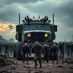 A heavy-duty armored truck equipped with mounted guns and multiple blade attachments, standing imposingly in front of an approaching horde of zombies