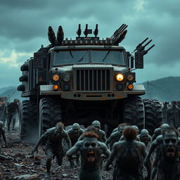 A heavy-duty armored truck equipped with mounted guns and multiple blade attachments, standing imposingly in front of an approaching horde of zombies