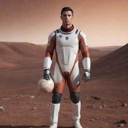 Cristiano Ronaldo in a futuristic space suit, holding a football, standing on the rocky terrain of Mars with a backdrop of the planet's rusty-red landscape and a distant view of Earth