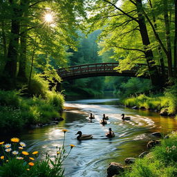 A tranquil forest scene with a gentle flowing river, surrounded by rich green foliage and trees