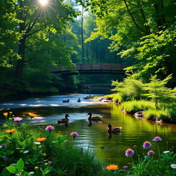 A tranquil forest scene with a gentle flowing river, surrounded by rich green foliage and trees