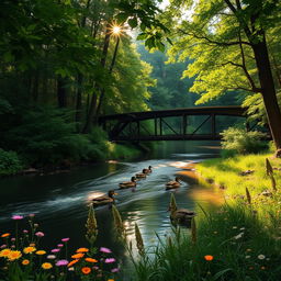 A tranquil forest scene with a gentle flowing river, surrounded by rich green foliage and trees