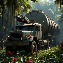 A heavy-duty armored truck equipped with mounted guns and sharp blades stands resolutely in front of a massive tanker truck