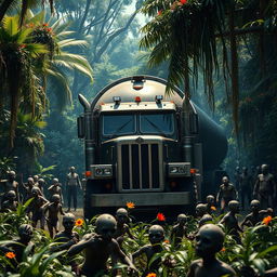 A heavy-duty armored truck equipped with mounted guns and sharp blades stands resolutely in front of a massive tanker truck