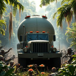 A heavy-duty armored truck equipped with mounted guns and sharp blades stands resolutely in front of a massive tanker truck