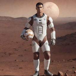 Cristiano Ronaldo in a futuristic space suit, holding a football, standing on the rocky terrain of Mars with a backdrop of the planet's rusty-red landscape and a distant view of Earth