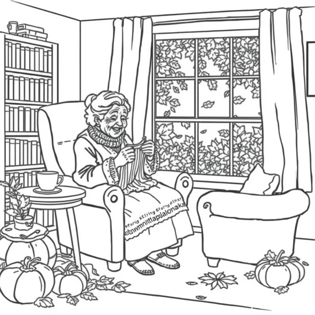 Black and white coloring book illustration capturing the essence of autumn with a scene of an old woman knitting in an armchair in her cozy living room