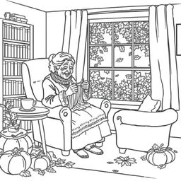 Black and white coloring book illustration capturing the essence of autumn with a scene of an old woman knitting in an armchair in her cozy living room