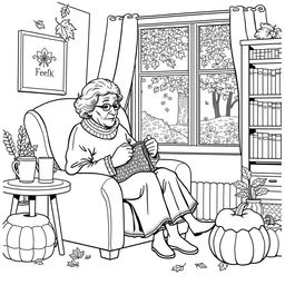 Black and white coloring book illustration capturing the essence of autumn with a scene of an old woman knitting in an armchair in her cozy living room