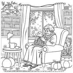 Black and white coloring book illustration capturing the essence of autumn with a scene of an old woman knitting in an armchair in her cozy living room